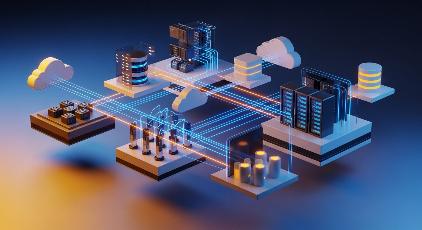 Bright cloud computing visualization with geometric shapes and data streams for cloud services